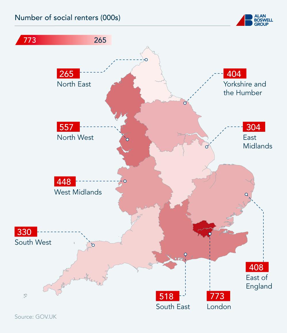 Map graphic showing the number of social renters by region