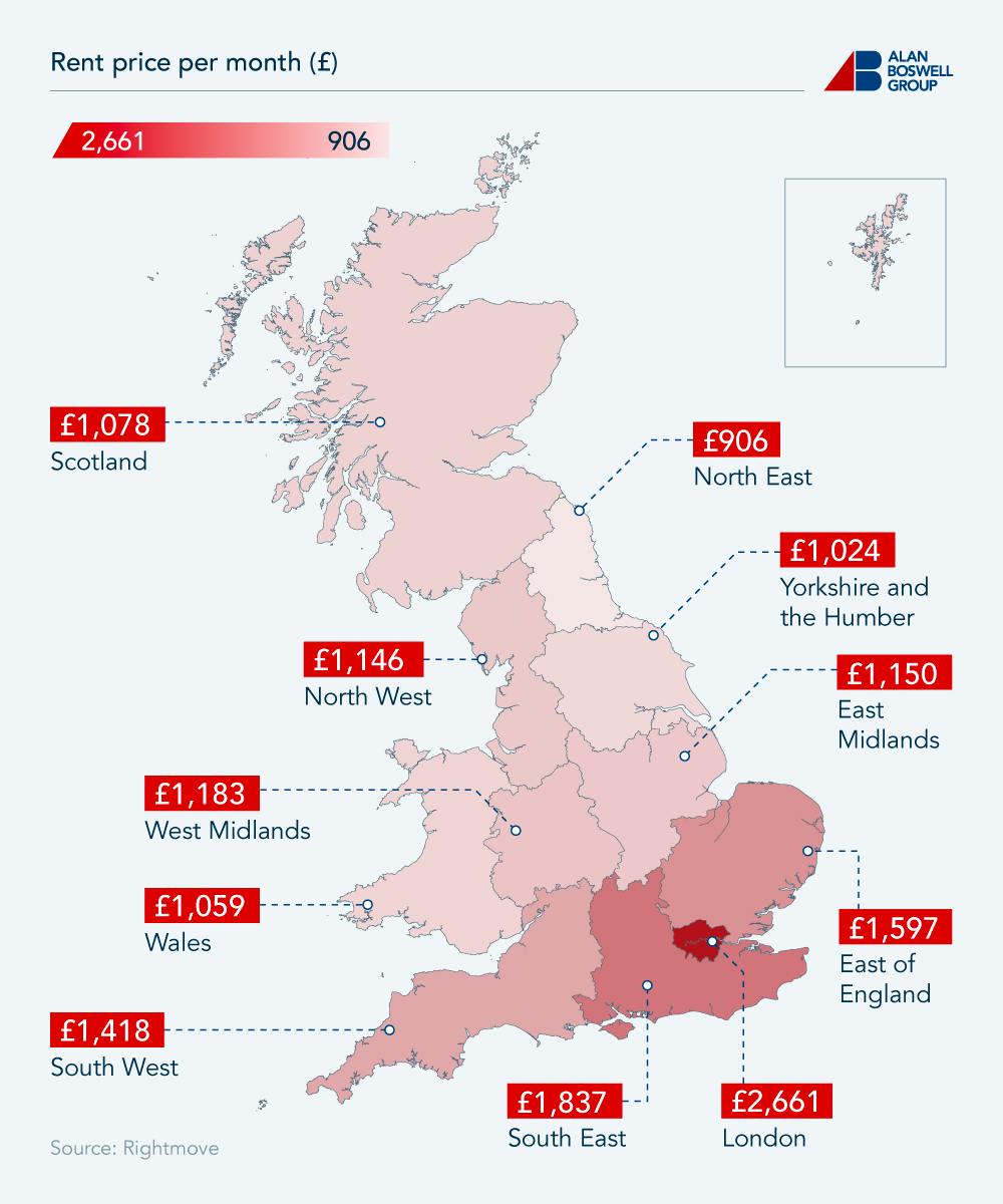 A map of Great Britain showing the average price of rent across each region in 2023.